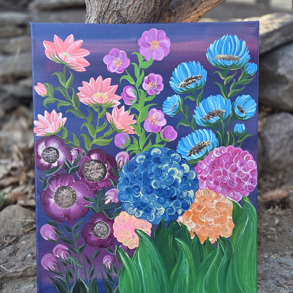 Hand Painted Floral Canvas Art with Vibrant Colors